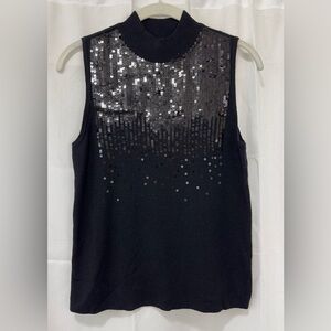 MARLED Black Mock Turtleneck Sleeveless Sweater Black Sequins on Front  …